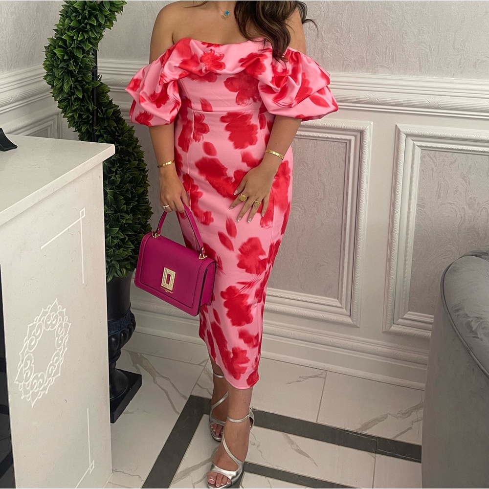 RED FLORAL BARDOT BODYCON MIDI DRESS